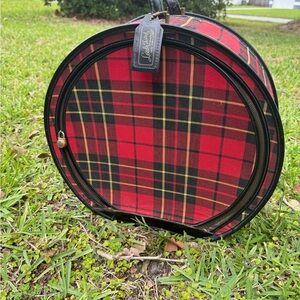 1950s vintage NYC Red tartan Hat Box Leed's Tested Travelwear Luggage Prop